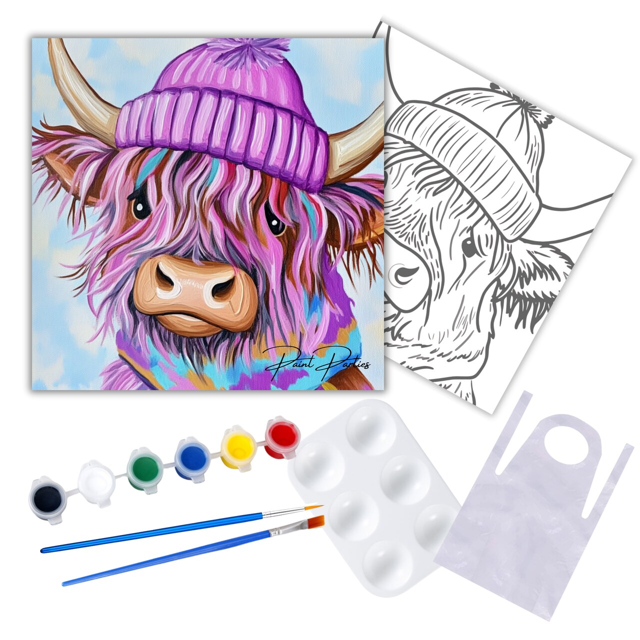 "Pastel Highland Cow" DIY Canvas Art Kit, Adult Beginner, Acrylic Paint Size 11x14 inch